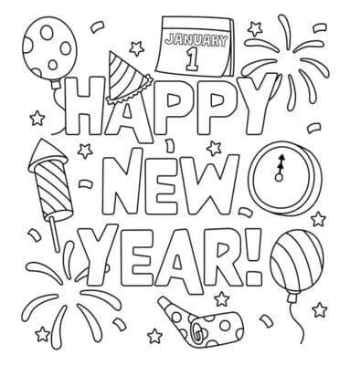 Happy New Year 2025 Coloring Pages for School Kids